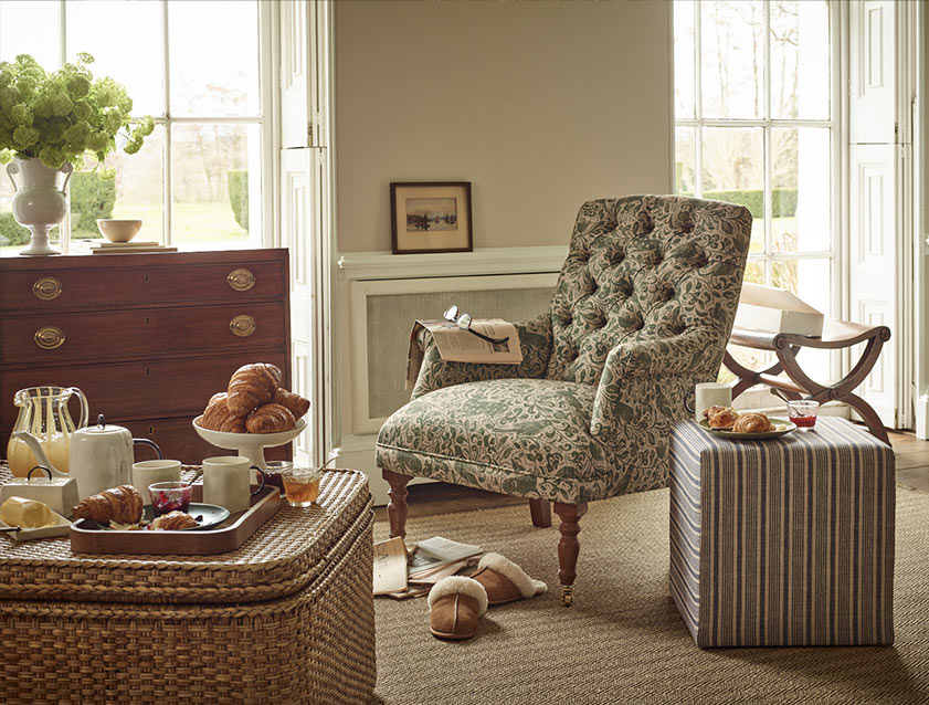 Snape chair in Spill Resistant V&A Bird & Rabbit Dark Green and Cube footstool in Spill Resistant RHS Ettas Stripe Ink